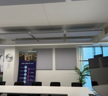 Sound absorbent ceiling baffles and wall panels by JCW